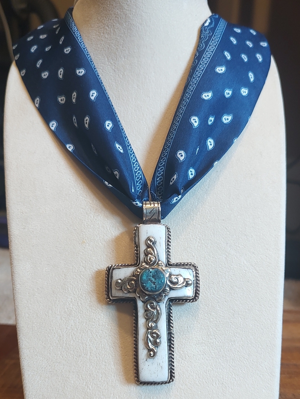 Turquoise Tibetan Cross Pendant With Blue Silk Bandana Adjustable
